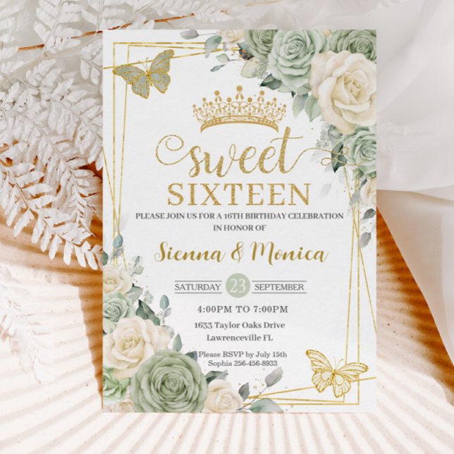 Invitación Sage Green Ivory Floral Mariposa dulce 16 gemelos (Subido por el creador)