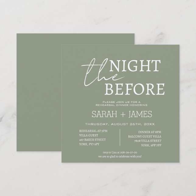 Invitación Sage Green la noche antes de la cena del ensayo (Anverso / Reverso)