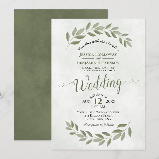 Invitación Sage Green Laurel deja a simple Boda acuarela (Anverso / Reverso)