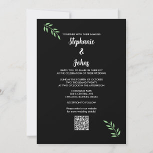 Invitación Sage Green Leaf Black White Script Boda de código 