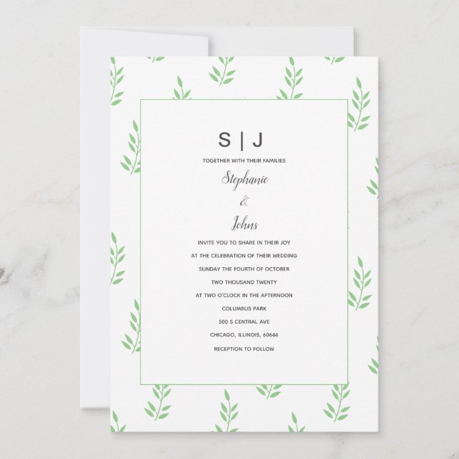 Invitación Sage Green Leaf Monograma Boda simple mínimo (Anverso)