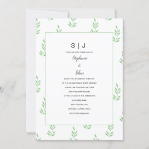 Invitación Sage Green Leaf Monograma Boda simple mínimo