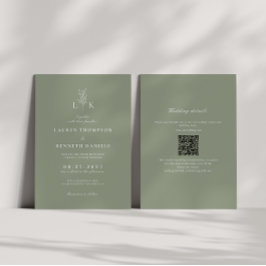 Invitación Sage Green Leaf Monograma QR Code Boda