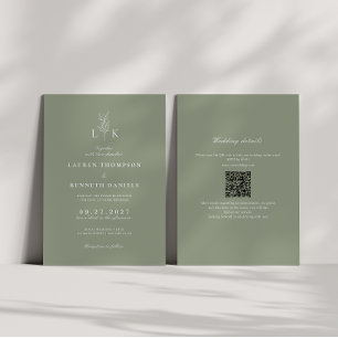 Invitación Sage Green Leaf Monograma QR Code Boda