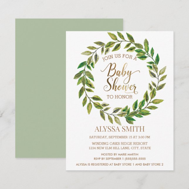 Invitación Sage Green Leaf Wreath White Gold Baby Shower (Anverso / Reverso)