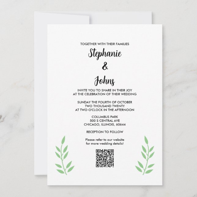 Invitación Sage Green Leasing QR Code Black Script Boda (Anverso)