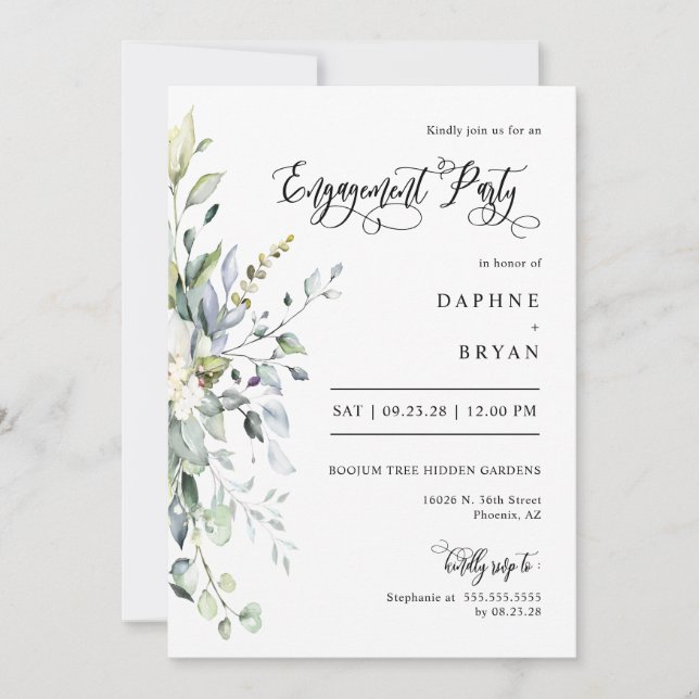Invitación Sage Green Leaves Engagement Party QR Code Photo (Anverso)