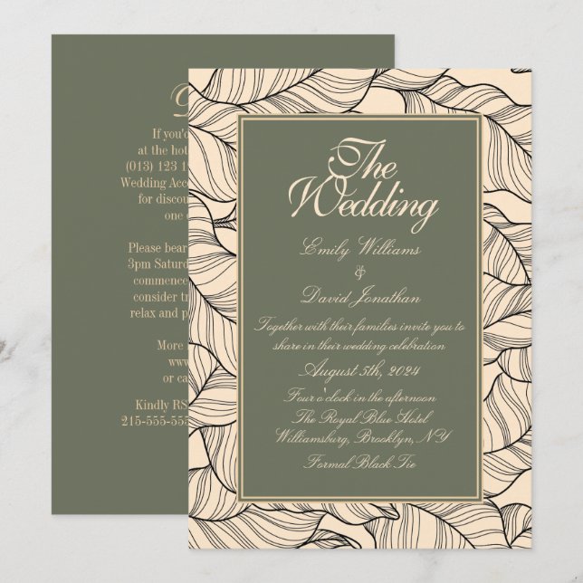 Invitación Sage Green Leaves Line Art (Anverso / Reverso)