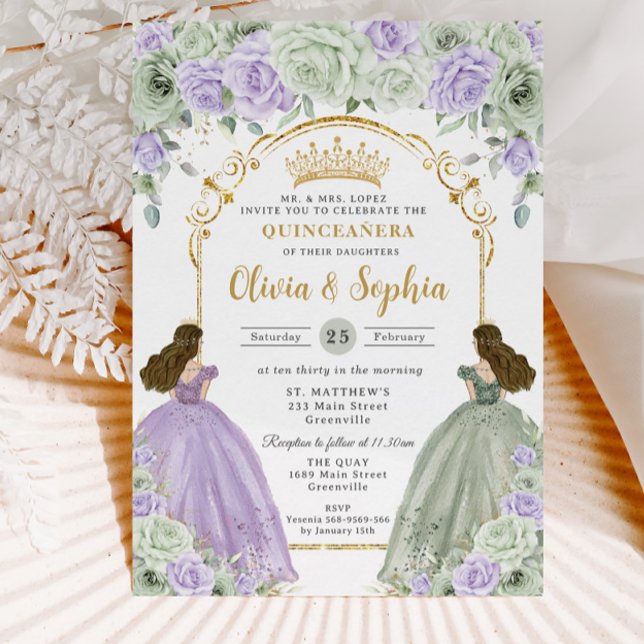 Invitación Sage Green Lilac Floral Twins Chicas Quinceañera (Subido por el creador)
