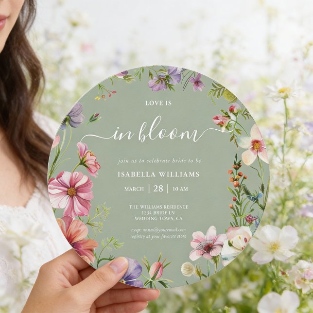 Invitación Sage Green Love in Bloom Floral Bridal Shower (Front of round 5.25 inch invite is shown, choose paper and corner style. Add a QR Code to the back.)