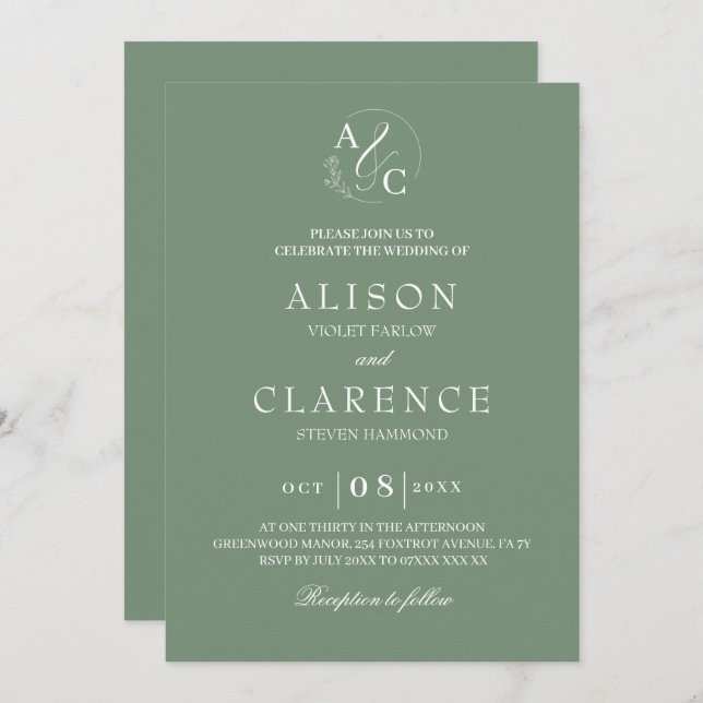 Invitación Sage Green Luxury Monogram Boda (Anverso / Reverso)