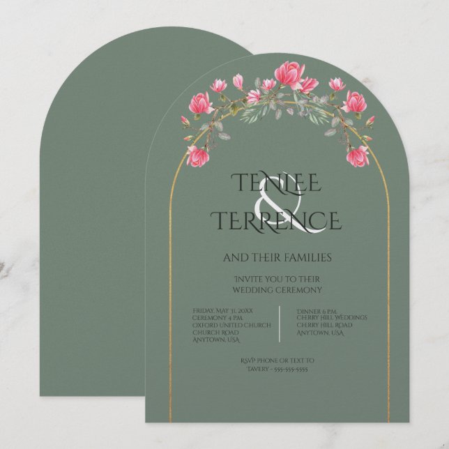 Invitación Sage Green Magnolia Blossoms Gold Frame Wedding  (Anverso / Reverso)