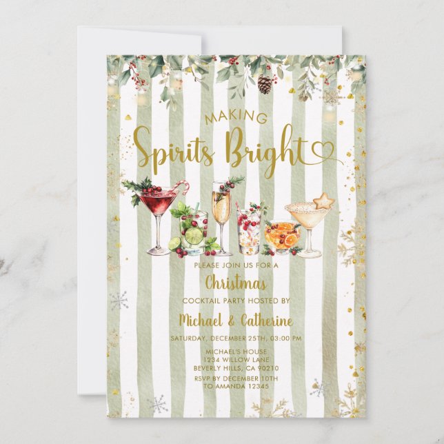 Invitación Sage Green Making Spirits Bright Cocktail party (Anverso)
