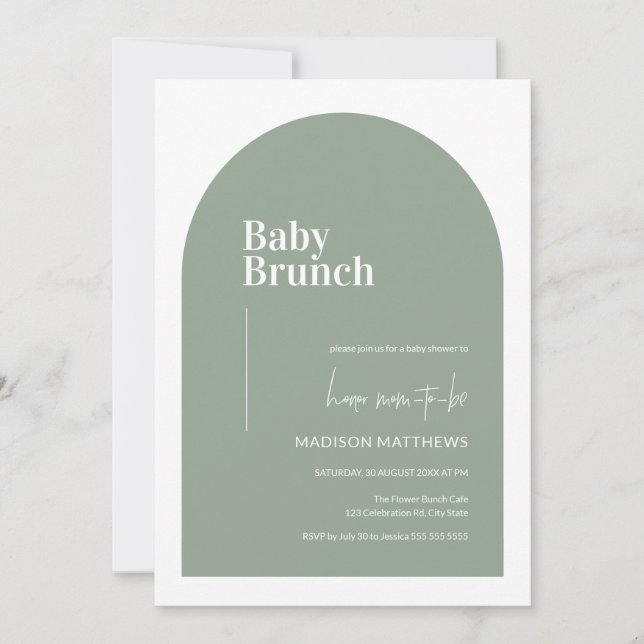 Invitación Sage Green Minimal Arch Baby Brunch Baby Shower (Anverso)