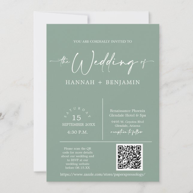 Invitación Sage Green Minimal Boho Boda Arch QR Code Photo (Anverso)