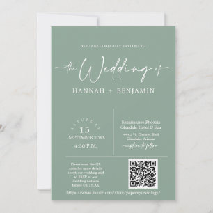 Invitación Sage Green Minimal Boho Boda Arch QR Code Photo