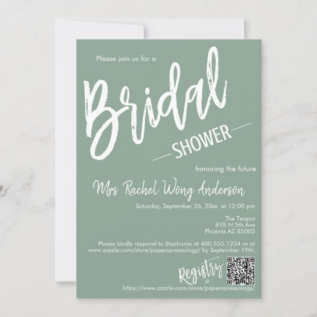 Invitación Sage Green Minimal Script Bridal Shower QR Code (Anverso)