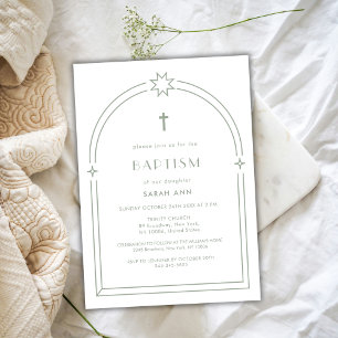 Invitación Sage Green Minimalista Boho Arch Cross Baptism
