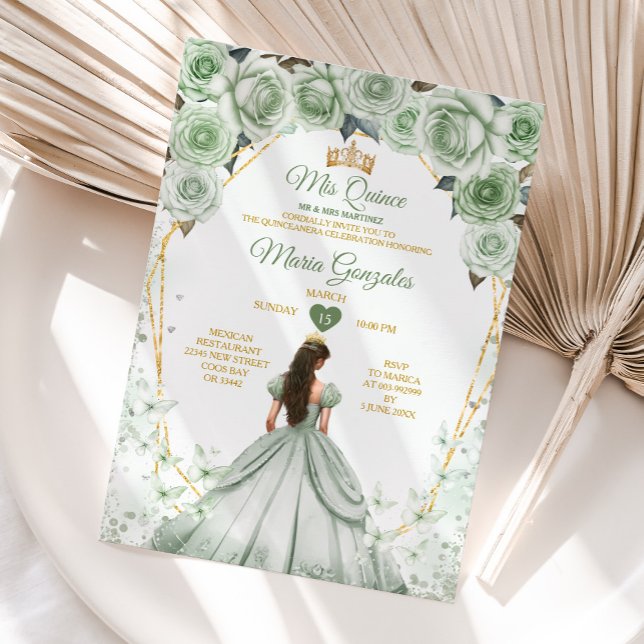 Invitación Sage Green Mis Quince 15 Anos Mariposa De La Coron (Subido por el creador)