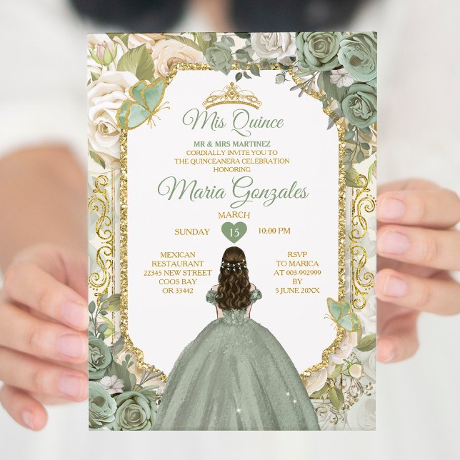Invitación Sage Green Mis Quince 15 Anos Mariposa De La Coron (Subido por el creador)