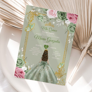 Invitación Sage Green Mis Quince Vestidos De Flores Rosa Anos