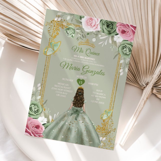 Invitación Sage Green Mis Quince Vestidos De Flores Rosa Anos (Subido por el creador)