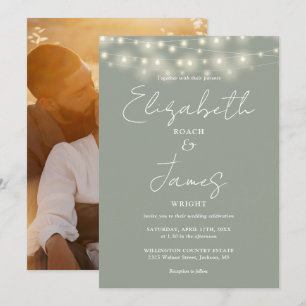 Invitación Sage Green Moda String Lights Script Photo Boda