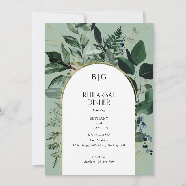 Invitación Sage Green Modern Botansal de Ensayo Cena (Anverso)