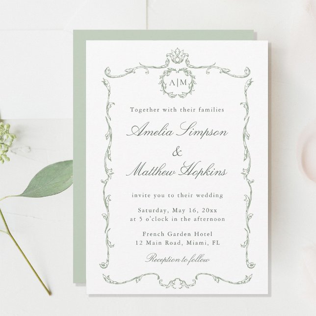 Invitación Sage Green Modern Classic French Frame Wedding  (Subido por el creador)