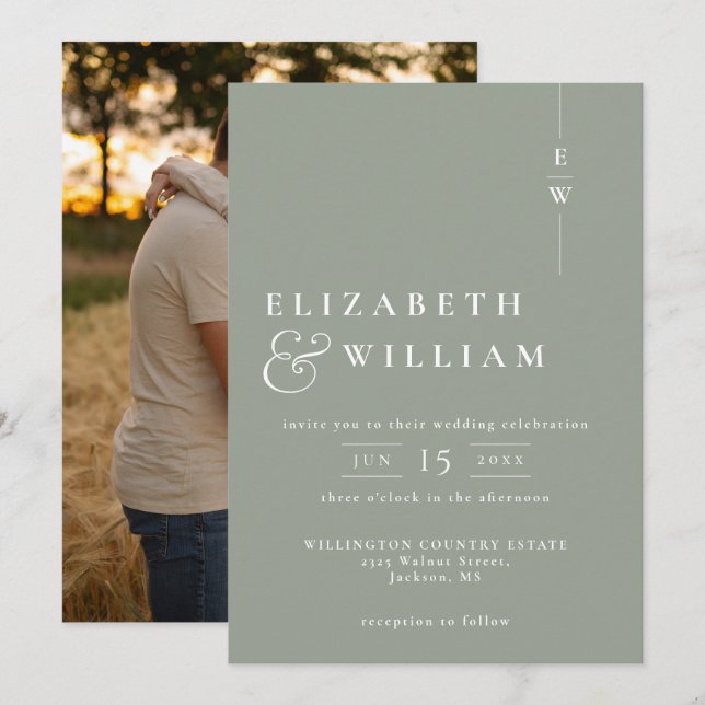 Invitación Sage Green Modern Elegant Monograma Boda de fotogr (Anverso / Reverso)
