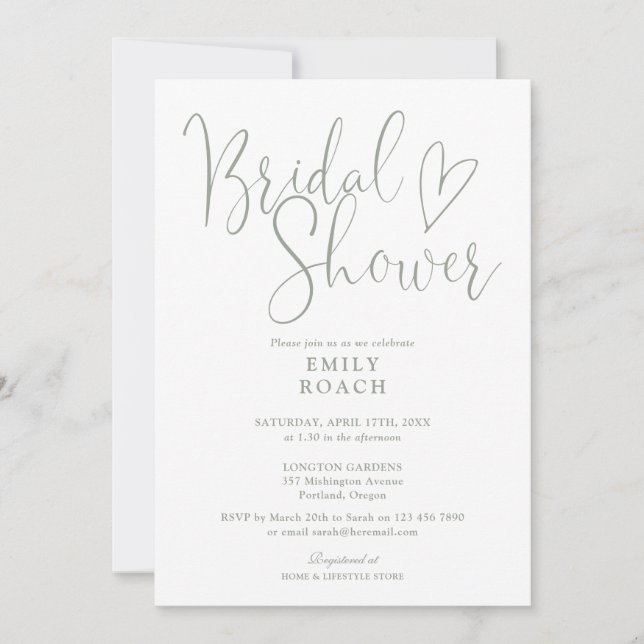Invitación Sage Green Modern Elegant Script Bridal Shower (Anverso)