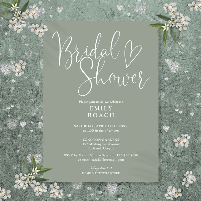Invitación Sage Green Modern Elegant Script Bridal Shower (Sage Green Modern Elegant Script Bridal Shower Invitation)