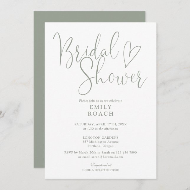 Invitación Sage Green Modern Elegant Script Bridal Shower (Anverso / Reverso)