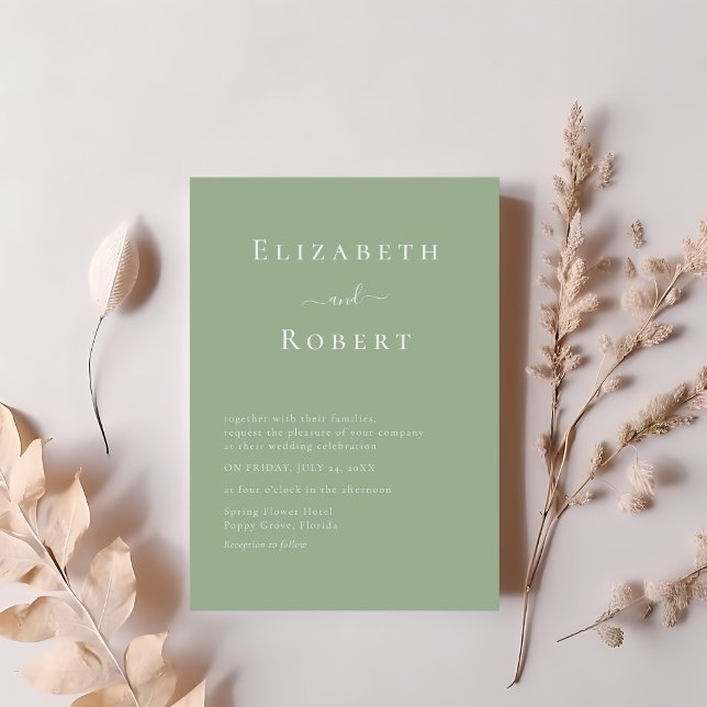 Invitación Sage Green Modern Minimalist Script Wedding (Sage Green Modern Minimalist Script Wedding Invitation on a table with blush pink flowers.)