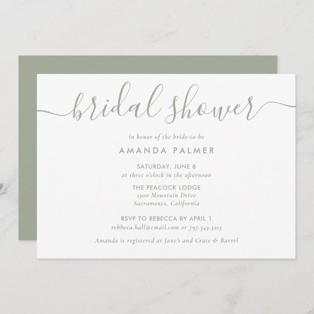Invitación Sage Green Modern Script Shower (Anverso / Reverso)