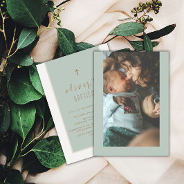 Invitación Sage Green Moderno Cross Christening Photo Baptism