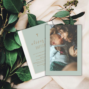 Invitación Sage Green Moderno Cross Christening Photo Baptism