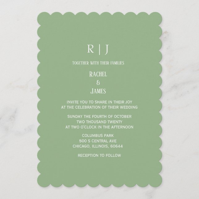 Invitación Sage Green Monogram Initials Classy Simple Wedding (Anverso)