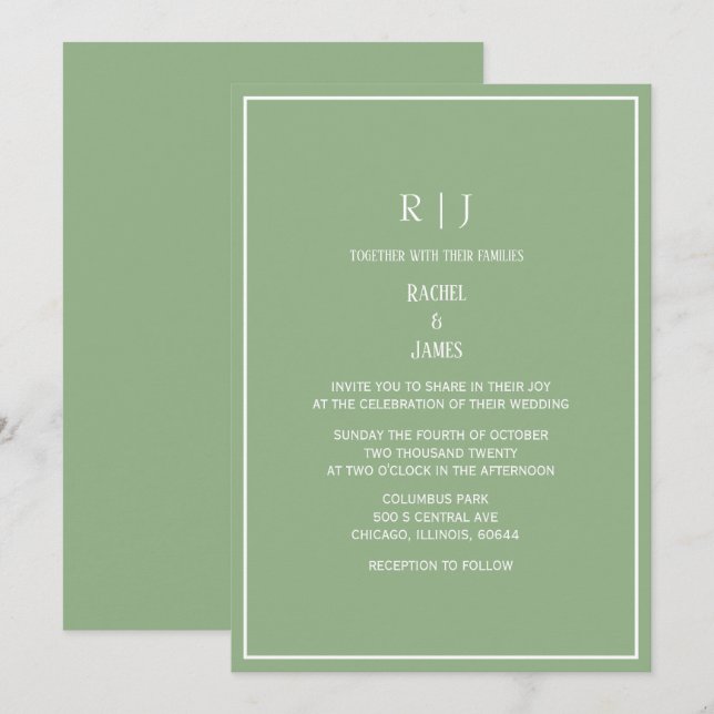 Invitación Sage Green Monogram Initials Elegant Wedding (Anverso / Reverso)
