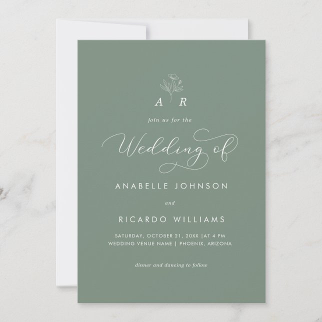 Invitación Sage Green Monogram Script Photo QR Code Boda (Anverso)