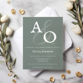 Invitación Sage Green Monograma Minimalista ducha de novia