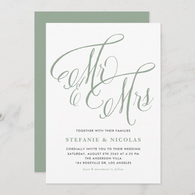 Invitación Sage Green Mrs. y la Sra. Rustic Script Boda (Anverso / Reverso)