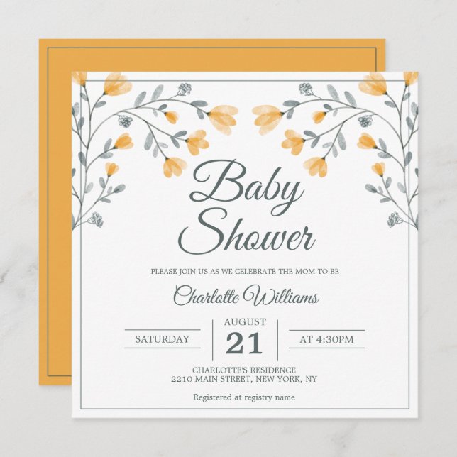 Invitación Sage Green, Naranja de flores de lujo de Baby Show (Anverso / Reverso)