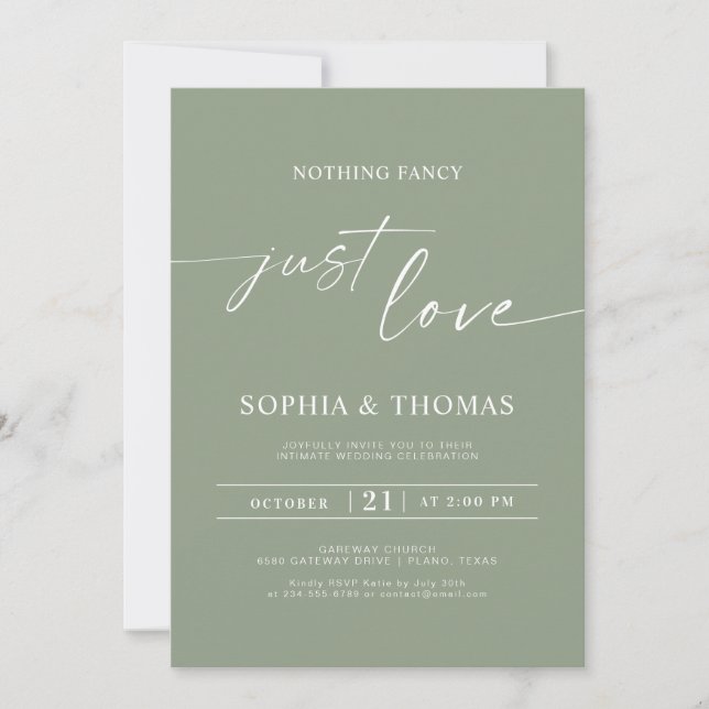 Invitación Sage Green Nothing Fancy Just Love Boda (Anverso)