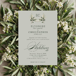 Invitación Sage Green Olive Branch Monogram Photo Wedding