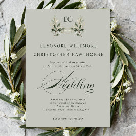 Invitación Sage Green Olive Branch Monogram Photo Wedding
