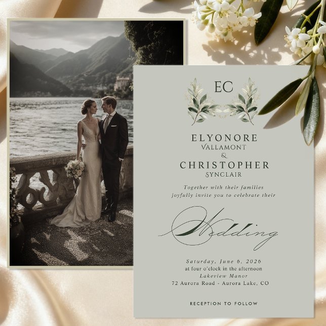 Invitación Sage Green Olive Branch Monogram Photo Wedding (Subido por el creador)