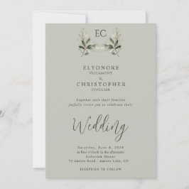 Invitación Sage Green Olive Branch Monogram Photo Wedding