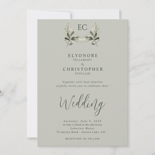 Invitación Sage Green Olive Branch Monogram Photo Wedding (Anverso)