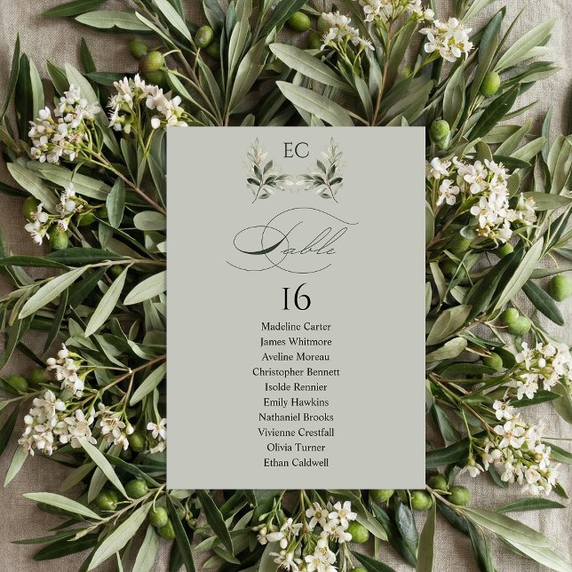 Invitación Sage Green Olive Branch Monogram Table Number (Subido por el creador)